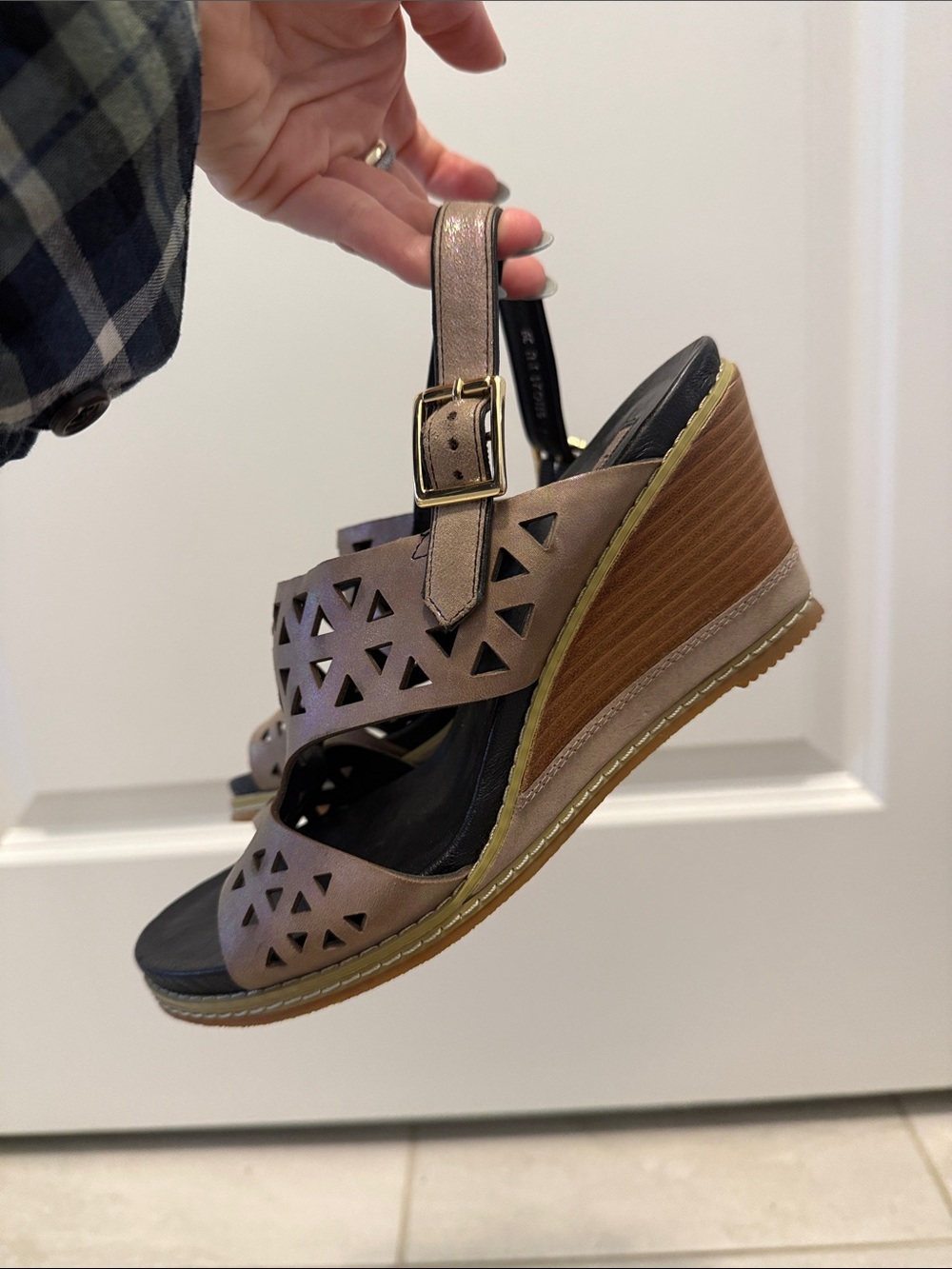 Metallic Taupe Cutout Wedge Sandals with Buckle Strap - Women